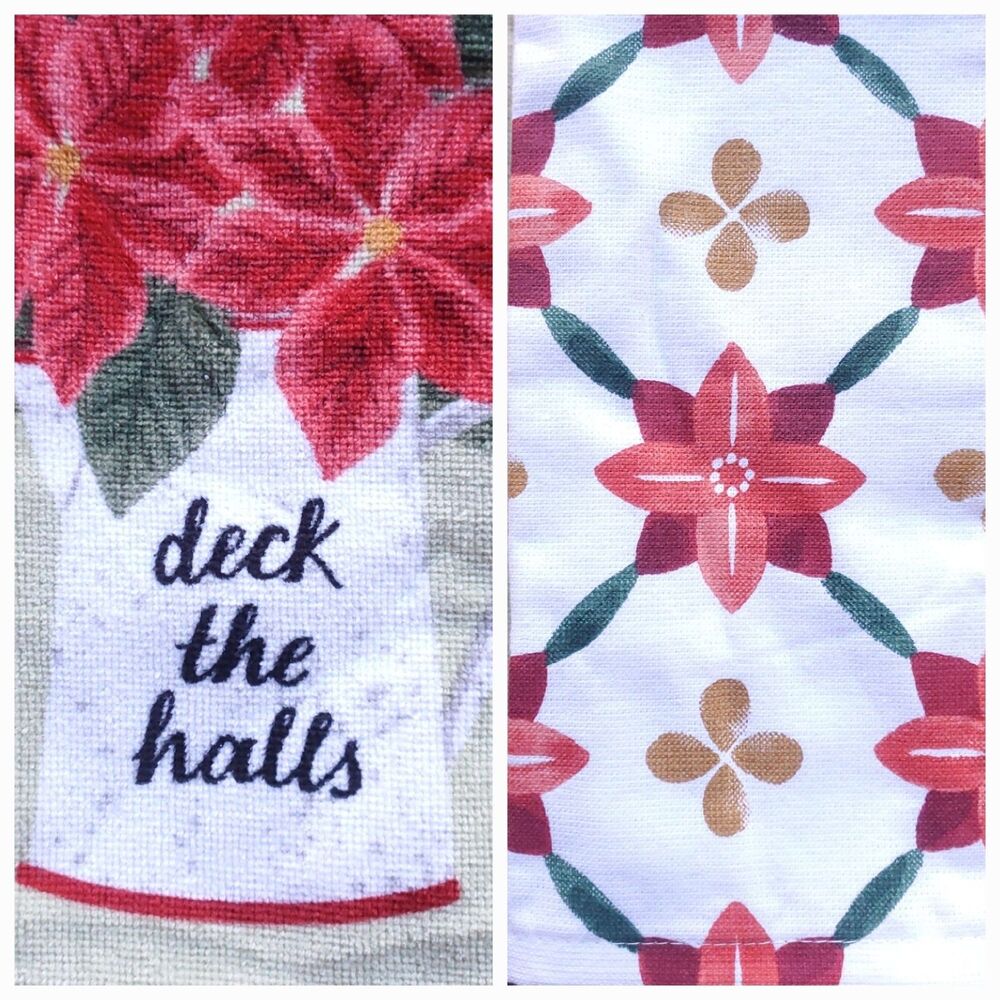 St Nicholas Square Christmas Kitchen Hand Towel Set 2 Deck the Halls Poinsettia - Picture 2 of 6